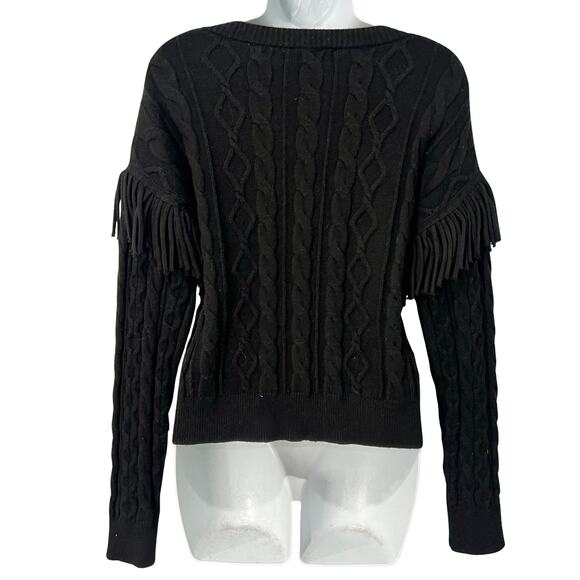 T Tahari Black Fringe Cable Knit Round Neck Sweater Size S Ribbed Cuffs Hem - Picture 7 of 10